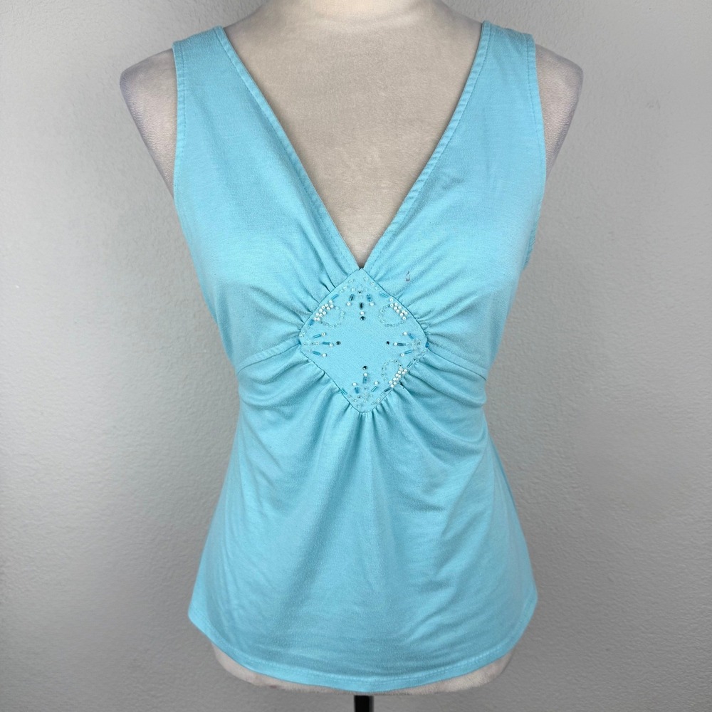 VTG Y2K Thrill Turquoise Beaded V-Neck Babydoll Tie Back Sleeveless Top Size